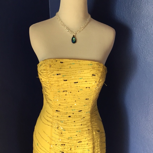 Vintage Y2K sparkly prom homecoming gown dress buttercup yellow beaded sequins - Picture 5 of 16